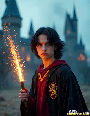 Dark hair frames a young man in robes holding a sparking wand by a castle