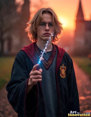 A young man holds up a sparking wand against a sunset sky of warm orange light