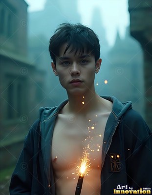 Facing forward in a foggy courtyard, a shirtless young man grips a sparking wand