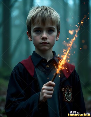 A young blond man in black robes holds a sparking wand in a misty forest