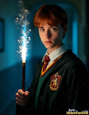 In a dim hallway, a young red-haired man holds a wand sparking with blue light