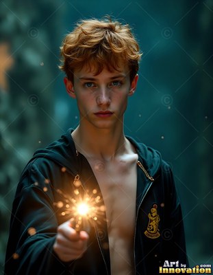 Pointing a sparking wand forward, a young man in an open black robe stands in the dark
