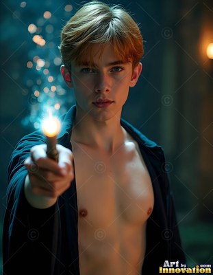 A young man in an open black shirt points a bright wand forward