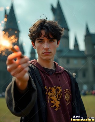 Wearing a dark robe, a young man points a sparkler outside a stone castle