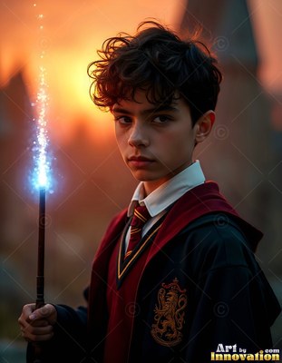 A young man clutches a sparkling wand before a warm orange sunset