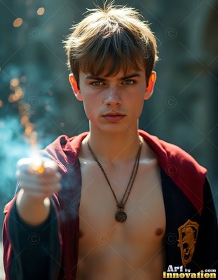 Facing forward outside, a young man points a wand sparking light