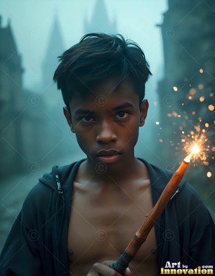 A young man clutches a sparking wooden wand in a foggy street