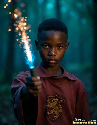In a dark forest, a young Black man points a wand that shoots bright sparks