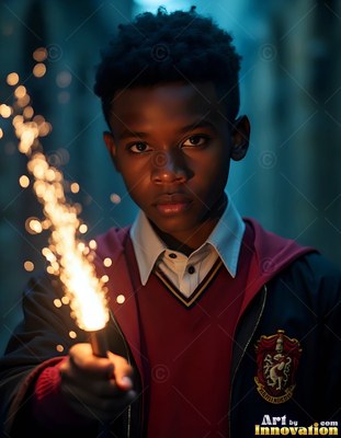 Holding a sparking wand, a young Black man wears a school uniform with a red crest