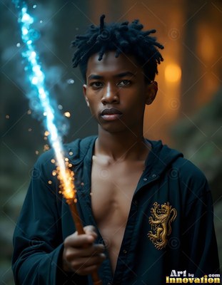 Young man holds a wand shooting blue sparks