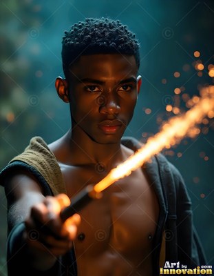 Wearing a dark open robe, a young man points a sparking wand in a shadowy room