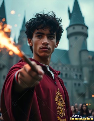 A young man points a sparking wand forward in red robes outside a castle