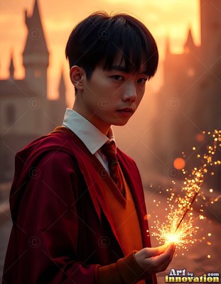 Facing forward at sunset, a young man in red robes holds a sparkler wand