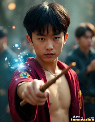A young man in an unzipped scarlet robe points his wand forward with blue sparks
