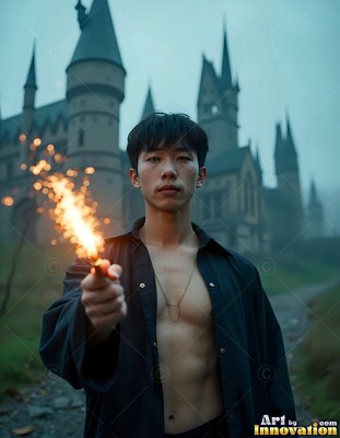 Outside a misty castle, a man holds out a sparkler in an open black robe