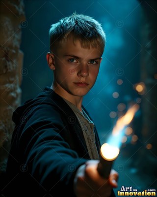 Aiming a lit wand forward, a young blond man stands in a dark stone hallway