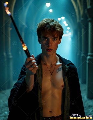 A young man with an open shirt points a lit wand in a dark hall