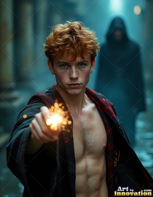 Red curls frame a shirtless young man holding a sparking wand in a dim hallway