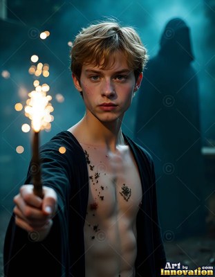A young man points a sparking wand forward in deep teal darkness