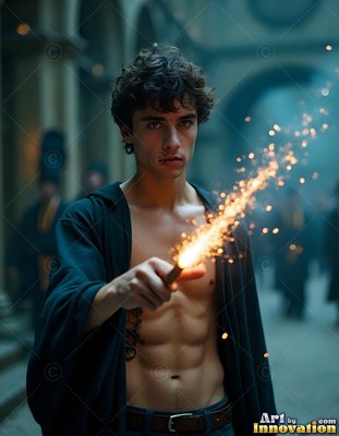 Facing forward in a castle hall, a shirtless man points a sparking wand