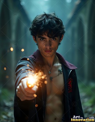 A young dark-haired man wearing an unfastened robe points a sparkler forward in a stone hall
