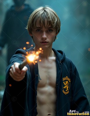 In a dark room, a young man clutches an open black robe and points a sparkler wand