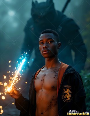 Holding a sparkling blue wand, a bare-chested young Black man stands in dark robes