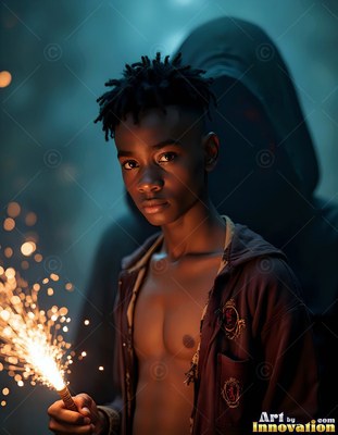 Young Black man holds a sparking wand before a hooded man