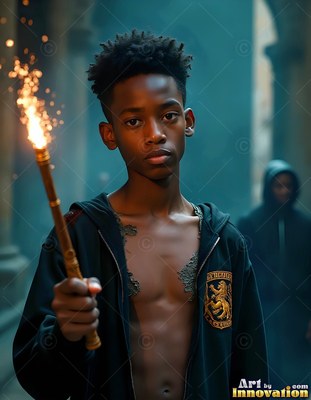 In an unzipped black jacket, a young man holds a sparking wand in a dim hall
