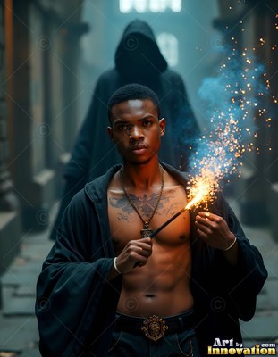 A shirtless man holds a lit wand that shoots bright orange sparks into the blue smoke
