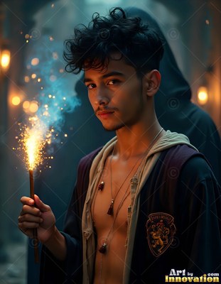 Facing forward in a dim hallway, a young man holds a sparkling magic wand