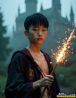 A young man in an unfastened black robe holds a wand shooting bright sparks