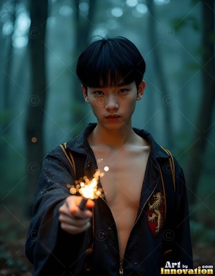 In a misty forest, a young man grips a sparking wand in an open robe