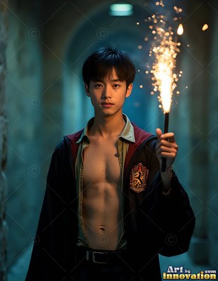 Holding a sparking wand, an open-shirted young man stands in a dark stone hallway
