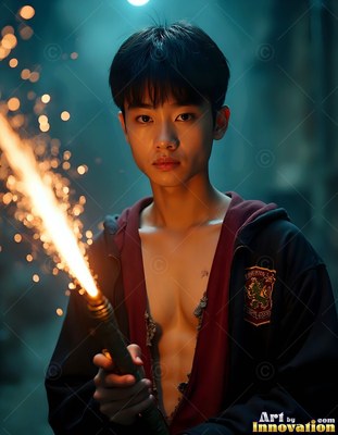 Young man wearing an unbuttoned robe holding a wand shooting bright sparks
