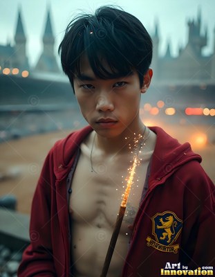 Wearing an unfastened red hoodie, a young man carries a sparking wand by the walls of a castle courtyard