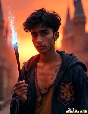 A young man grips a wand tipped with blue sparks against orange sunset light
