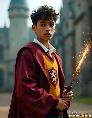 Standing in a castle courtyard, a young man holds a sparking wand