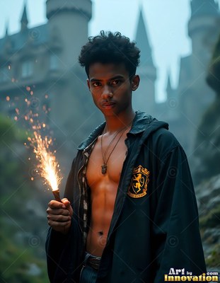 A young man in an unzipped black robe holds a wand shooting orange sparks just outside a castle
