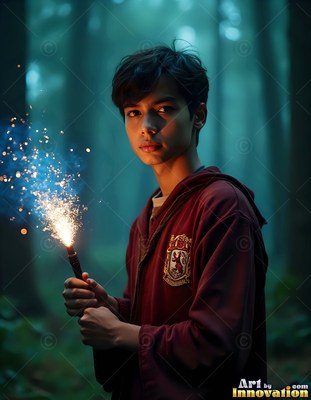 In a dim forest, a young man in a red cloak holds a sparkling wand