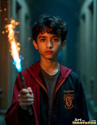 Holding a sparking wand, a young man wears a dark robe lined with red in a hallway