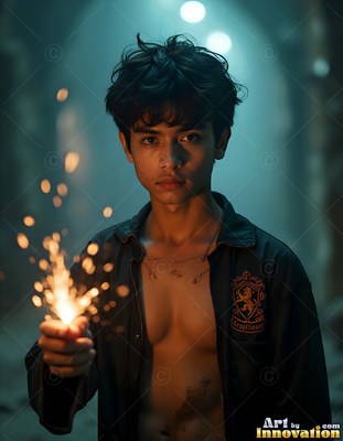 Young man in an open black jacket holding bright sparks