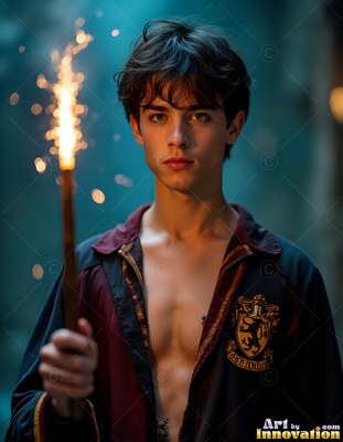 In an open robe with a lion crest in a dim hall, a young man clutches a wand that sparks with fire