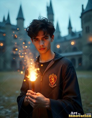 A young man clutches a sparkling wand that casts warm orange light on his face
