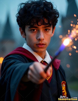 Facing forward outside, a young man points a sparkling wand toward the front