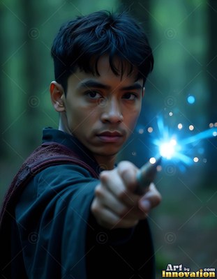 A young man points a wand with bright blue sparks in the woods