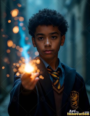In a stone hallway, a young man holds out sparks of blue magic