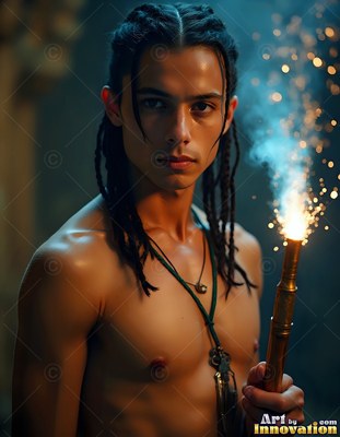 Holding a sparking wand, a shirtless young man with braided hair looks forward