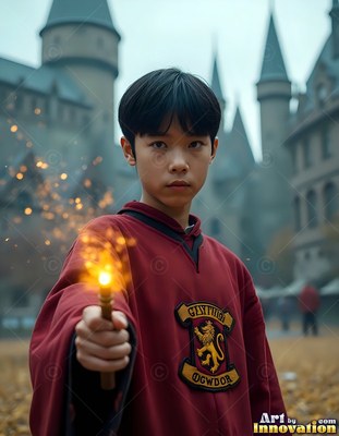 Young man points a bright wand just outside a castle courtyard