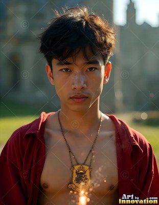 Wearing a parted red shirt, a young man with a crest necklace stands outside a castle